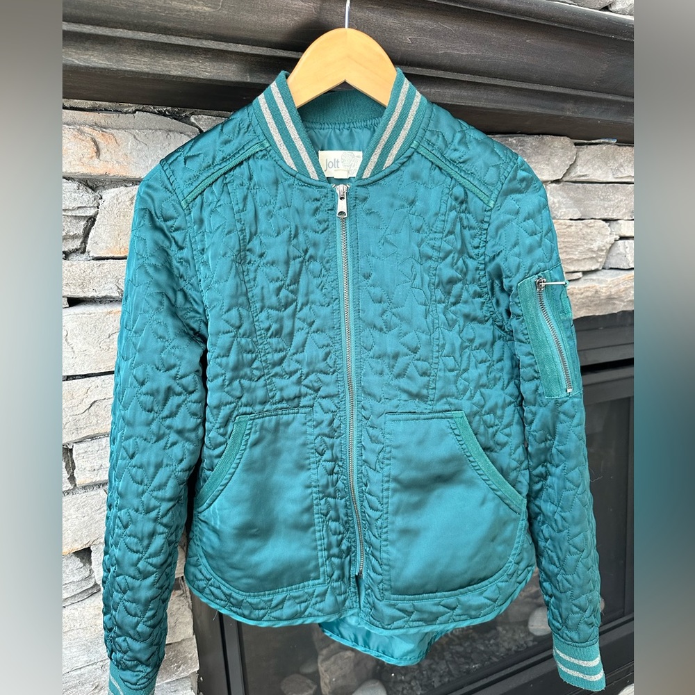 Jolt Green Star Bomber Jacket Pockets Dolphin Hem | Size S